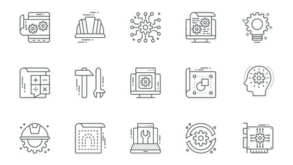 Aufkleber - Engineering service icons set in outline stroke design for web. Pack line pictograms with app development, settings, helmet, gear, improvement, calculating, work tools, other. Vector illustration.