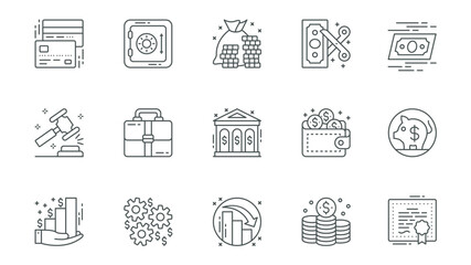 Poster - Finance and banking icons set in outline stroke design for web. Pack line pictograms with credit card, bank safe, money, bankruptcy, auction hammer, portfolio investment, other. Vector illustration.