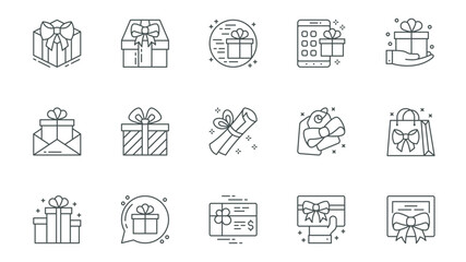 Poster - Presents icons set in outline stroke design for web. Pack line pictograms with birthday gift box, bow, letter, scroll, tag, bag, chat message, discount card, certificate, other. Vector illustration.