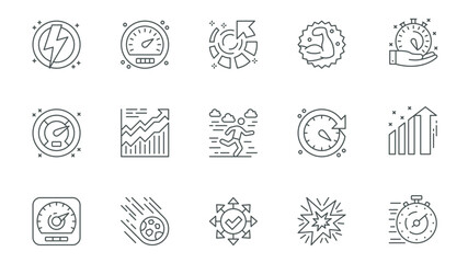 Poster - Productivity work icons set in outline stroke design for web. Pack line pictograms with fast, lightning, speedometer, strength, timer, time management, running, meteor, other. Vector illustration.