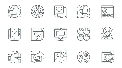 Aufkleber - Social media icons set in outline stroke design for web. Pack line pictograms with like, link, heart, feedback, comment, personal profile, star rating, audience, sharing, other. Vector illustration.
