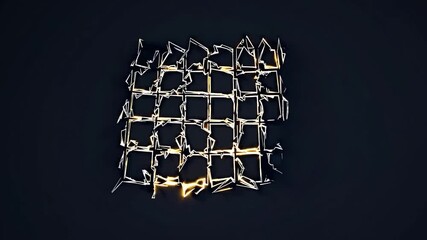 Poster - Metallic grid undergoes various transformations, emitting bright white and gold light against a dark background, creating a visually striking display of abstract motion