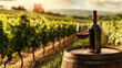 © Hoss - Winery, bottle of wine - responsive series horizontal- A glass of red wine and bottle sit atop a barrel, a vineyard landscape in the background. Web design graphics.