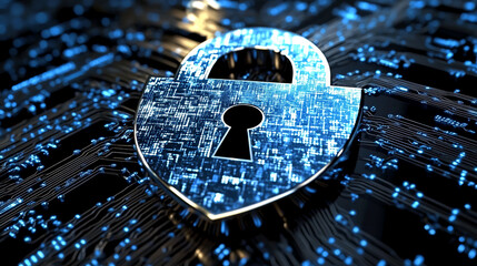 Poster - Cybersecurity concept padlock on circuit board data protection and network security technology 3d render