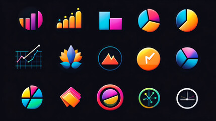 Poster - Colorful business data analysis chart diagram icon set vector illustration on dark background