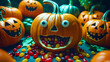 © Omi Studio - Cheerful jack-o'-lantern with candy overflowing from its mouth