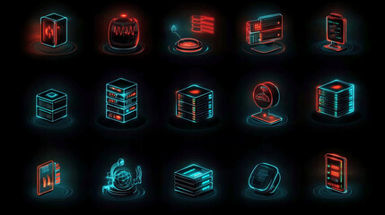 Poster - Neon glowing server icons set data network storage cloud computing technology concept illustration design