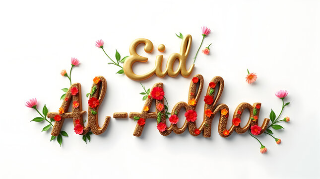 Eid Mubarak floral text design, covered with colorful flowers isolated on white background, Eid al Adha, Eid Mubarak, Eid al-Fitr, Ramadan Concept