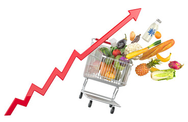 Poster - Food products flying out of shopping cart with growing red arrow. Rising Supermarket prices and food cost or grocery price, concept. 3D rendering isolated on transparent background