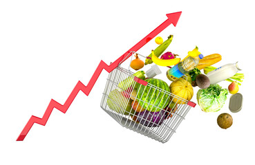 Poster - Shopping basket with food products flying out of it and growing red arrow. Rising Supermarket prices and food cost or grocery price, concept. 3D rendering isolated on transparent background