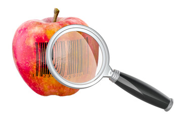 Poster - Apple with barcode label under magnifying glass, loupe. 3D rendering isolated on transparent background