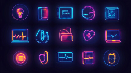 Poster - Neon medical icons health care symbols technology futuristic glowing bright ui design elements set vector icons