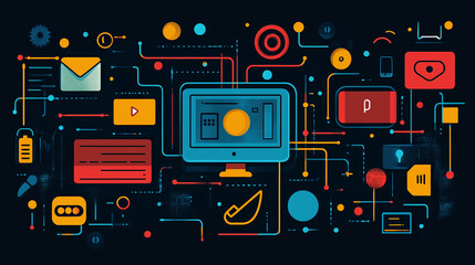 Fototapete - Abstract technology network connection concept with computer email video and social media icons