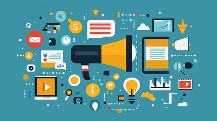 Poster - Marketing strategy and digital media plan concept with megaphone and social media icons vector illustration