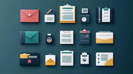 Poster - Office supplies icons vector set for business management and organization flat design elements for web ui 100
