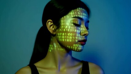 Asian woman's face with digital code projection, blue background, technology concept