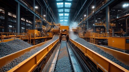 Poster - Conveyor systems carry mined minerals through a modern processing plant, as workers oversee operations in this busy industrial environment.