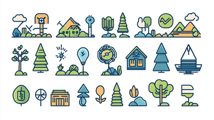 Poster - Vector nature landscape icons set for travel tourism outdoor adventure and environment design concept
