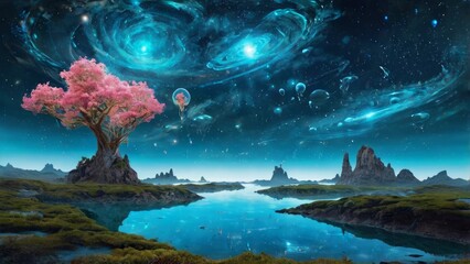Poster - digital artwork depicting a surreal landscape under a starry night sky features a vibrant pink tree on a small island surrounded by a calm, reflective body of water