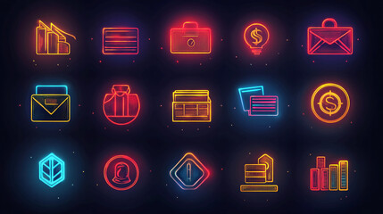 Poster - Neon business icons glowing set vector illustration for finance and investment concept design asset