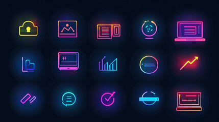 Poster - Neon icons set for business and finance vector illustration with cloud laptop graph and more icons