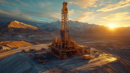 Leinwandbilder - A drilling rig stands prominently in a rugged landscape as the sun rises, illuminating the surrounding mountains and highlighting efforts in mineral extraction and infrastructure.