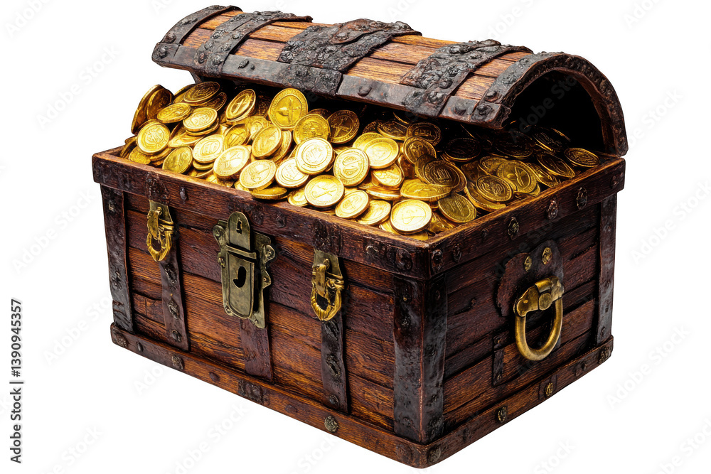 Open wooden chest overflowing with shiny golden coins treasure trove on ...