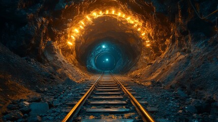 Fototapete - Bright lights illuminate a tunnel deep within a mining site, revealing railway tracks positioned on a rocky surface, highlighting the process of mineral extraction and transportation.