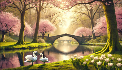 Poster - Swans glide on tranquil river under blooming cherry trees at sunrise in beautiful park setting
