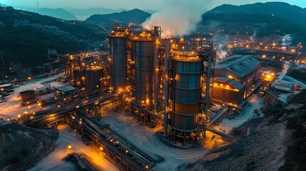 Aufkleber - This industrial site features tall structures representing mining and energy generation operations, with active extraction and metallurgy processes illuminated in the evening light.