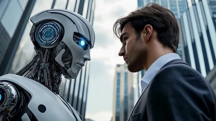 Aufkleber - In an urban area with large buildings, a smartly dressed man in a suit is pictured face-to-face with a white humanoid robot. The scene evokes curiosity about the fusion of tech and humanity.