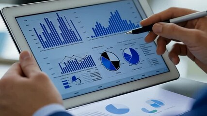 Poster - Close-up of hands holding tablet displaying financial charts like bar graphs , pie charts. The person is using pen to point at data. Additional paper documents with same graphics are also present.