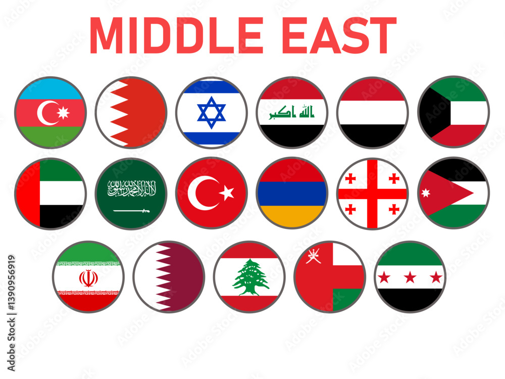 Big set of flags of countries middle east vector Round vector flags set