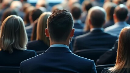 Poster - A large group people is sitting auditorium, facing forward. The focus is back man's head, suggesting he is part audience conference or presentation. Attendees are dressed business attire.