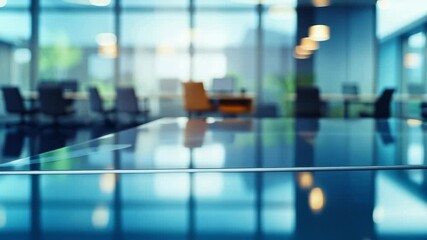 Poster - An abstract contemporary office setting, featuring glass conference table , modern seating. The space is bathed cool tones, creating serene , productive atmosphere. Blurred focus , depth field.