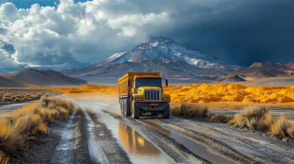 Poster - A heavy duty truck moves along a muddy road, transporting minerals amidst a stunning mountainous backdrop. The scene is highlighted by striking clouds and rich earth tones.