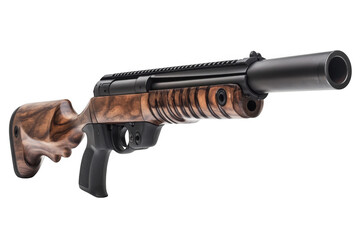 Isolated image displaying a firearm with a wooden stock detail on transparent background
