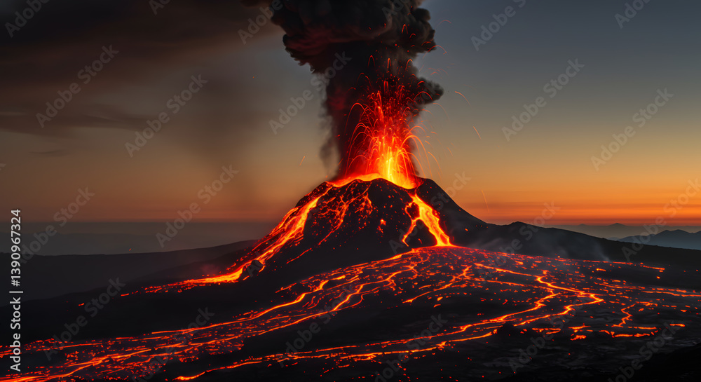 Fiery volcanic eruption with lava spewing into the air and glowing ...