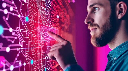 Poster - Man Using Technology with Digital Data Visualization