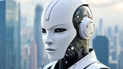 Poster - Futuristic Robot Head with City Skyline Background