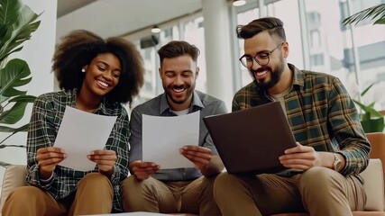 Poster - Three happy colleagues, woman with afro hair , two men, are sitting together, reviewing documents , using laptop. They appear relaxed , engaged, suggesting productive , positive work environment.