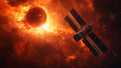Wall Mural - A satellite orbits a fiery distant planet amidst swirling nebulous clouds in the deep vast expanse of space.