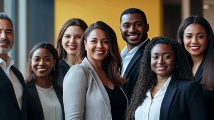 Poster - A diverse team of professionals poses with bright smiles in their business suits, illustrating modern, inclusive workplace. The image captures spirit of teamwork , success in corporate setting.