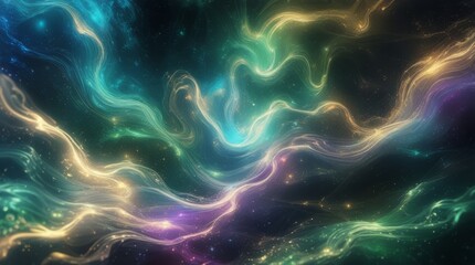 Poster - digital abstract artwork featuring swirling, ethereal waves of green, yellow and purple colors with flowing lines that create a sense of movement across the canvas