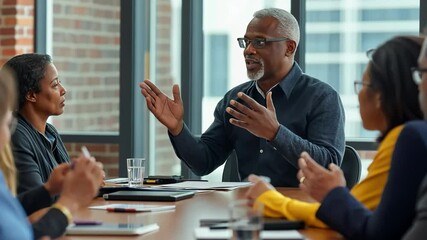 Poster - A diverse group professionals engage dynamic meeting around conference table, fostering collaborative environment focused strategic planning, teamwork, , innovative solutions modern office setting.