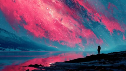 Poster - Astronaut Explores Surreal Landscape Under Colorful Galaxies Generative AI