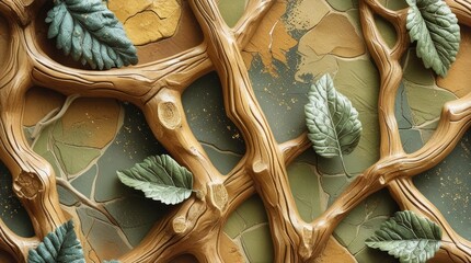 Aufkleber - Abstract Artistic Close-Up of Textured Brown Wood and Green Leaves
