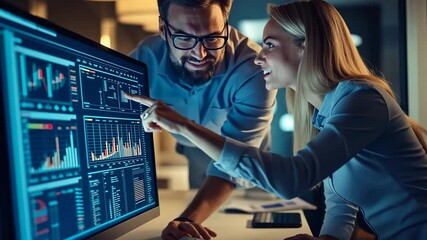 Poster - Two colleagues, a man and woman, analyze complex financial data on a computer monitor. They point at charts and graphs, discussing the implications of the trends in a modern office.