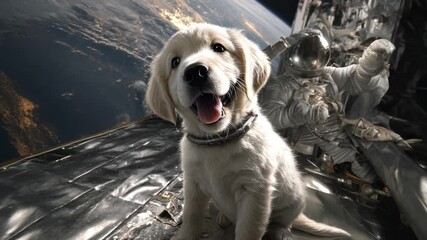 Poster - Astronaut Golden Retriever Puppy Explores Outer Space With Joy Generative AI