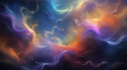 Poster - Cosmic Nebula with Vibrant Colors and Swirling Light Patterns Abstract Background